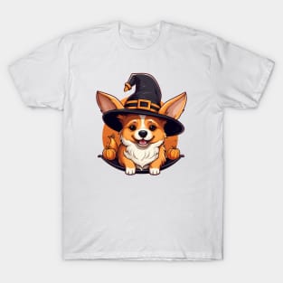 Corgi Witch Halloween Hat Pumpkin Costume T-Shirt